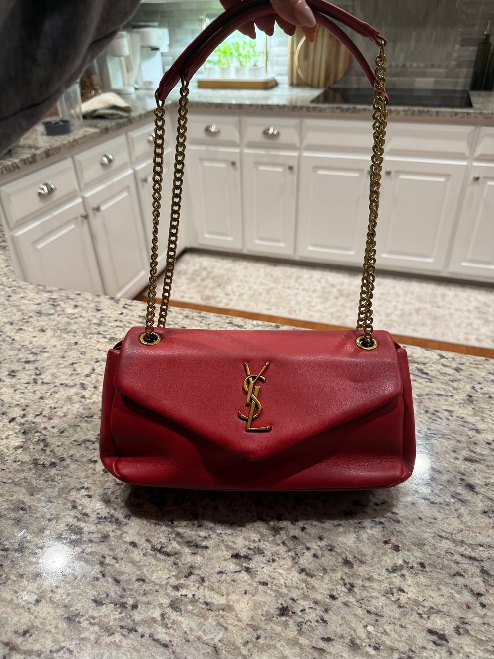 ❤️✨ Red Leather Chain-Handle Shoulder Bag with Gold YSL